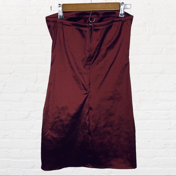 VINTAGE | 1980’s ELAN U.S.A Burgundy Bandeau Strapless Split Bodycon Mini Dress - Picture 4 of 6